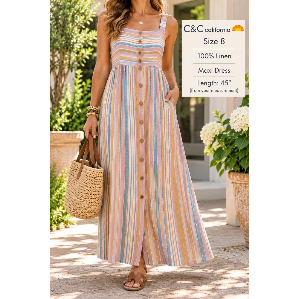 C&C California 100% Linen Maxi Dress Pink Yellow Blue Stripe Button Front Size 8